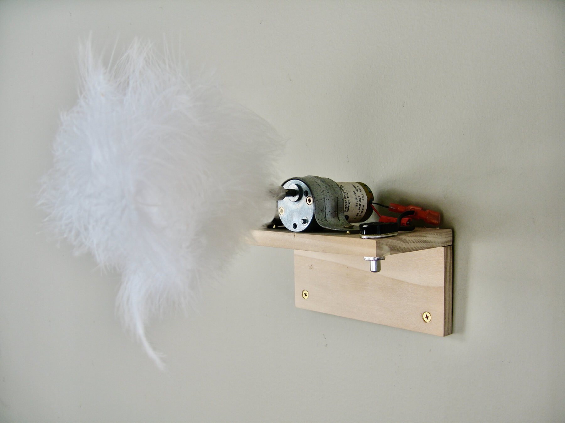 God as a Verb, Feathers, motor, on/off switch, hung at forehead height, 6 x 10 x 5 in, 2005