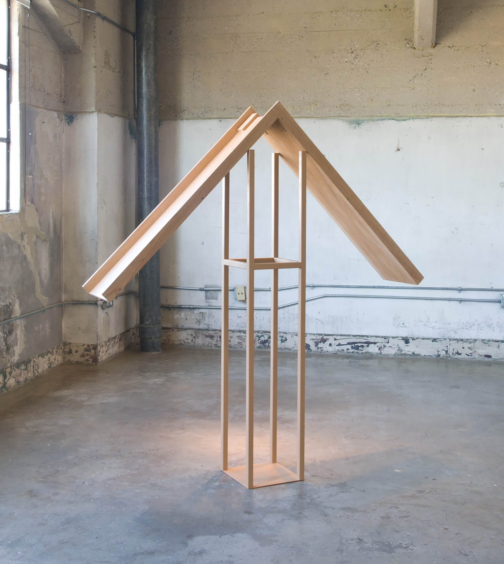 Make me a home, over there, 3 Positions, Upturned metal pedestal, wood angle that shifts position, Life size, 2013