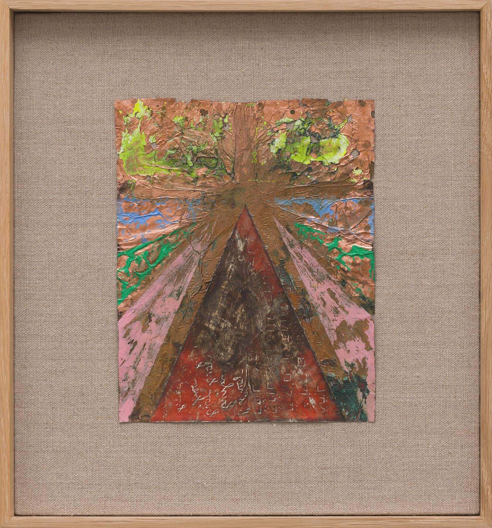 pplane (longing), Copper foil, paint, linen, time in artist's frame, 2020-2024