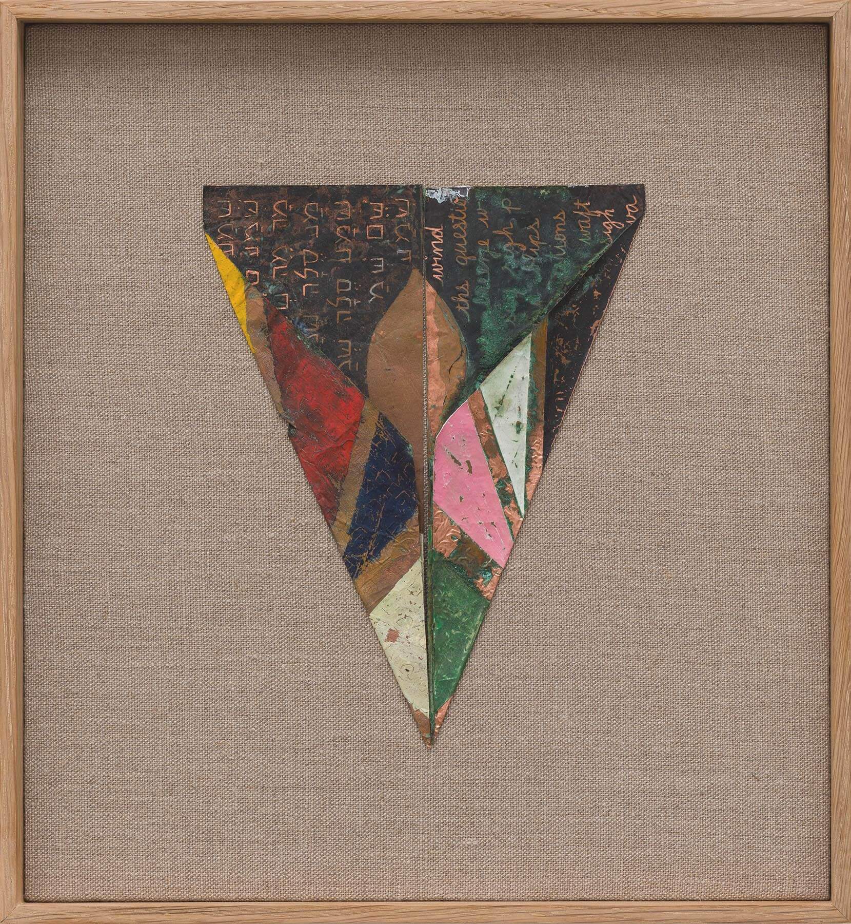pplane (say, sigh, pant, whisper), Copper foil, paint, linen, time in artist's frame, 2020-2024