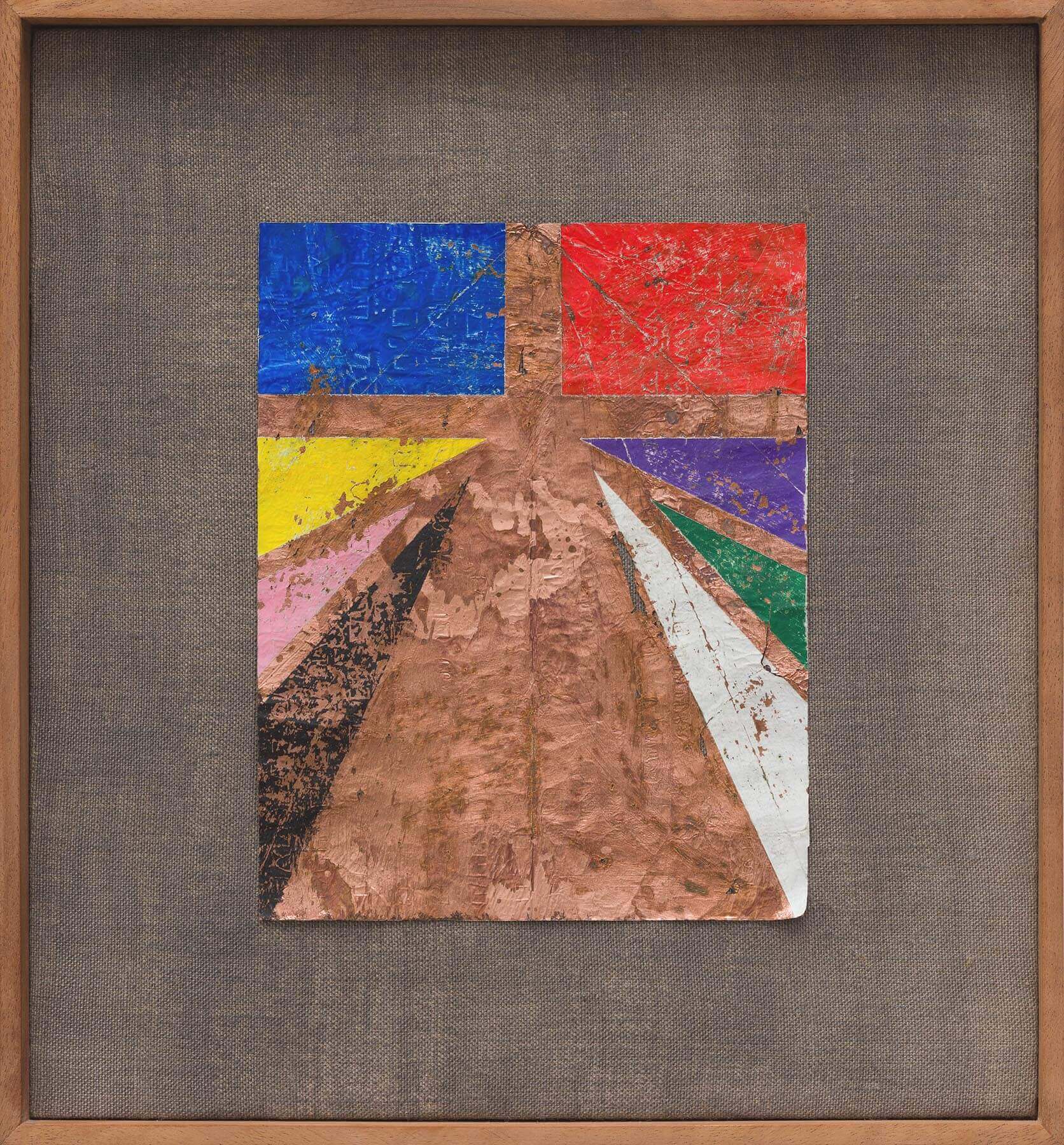 pplane (she said I was divine and must be, be love, be loved wherever I go because I, ah ahem amen, am so open), Copper foil, paint, linen, time in artist's frame, 2020-2024