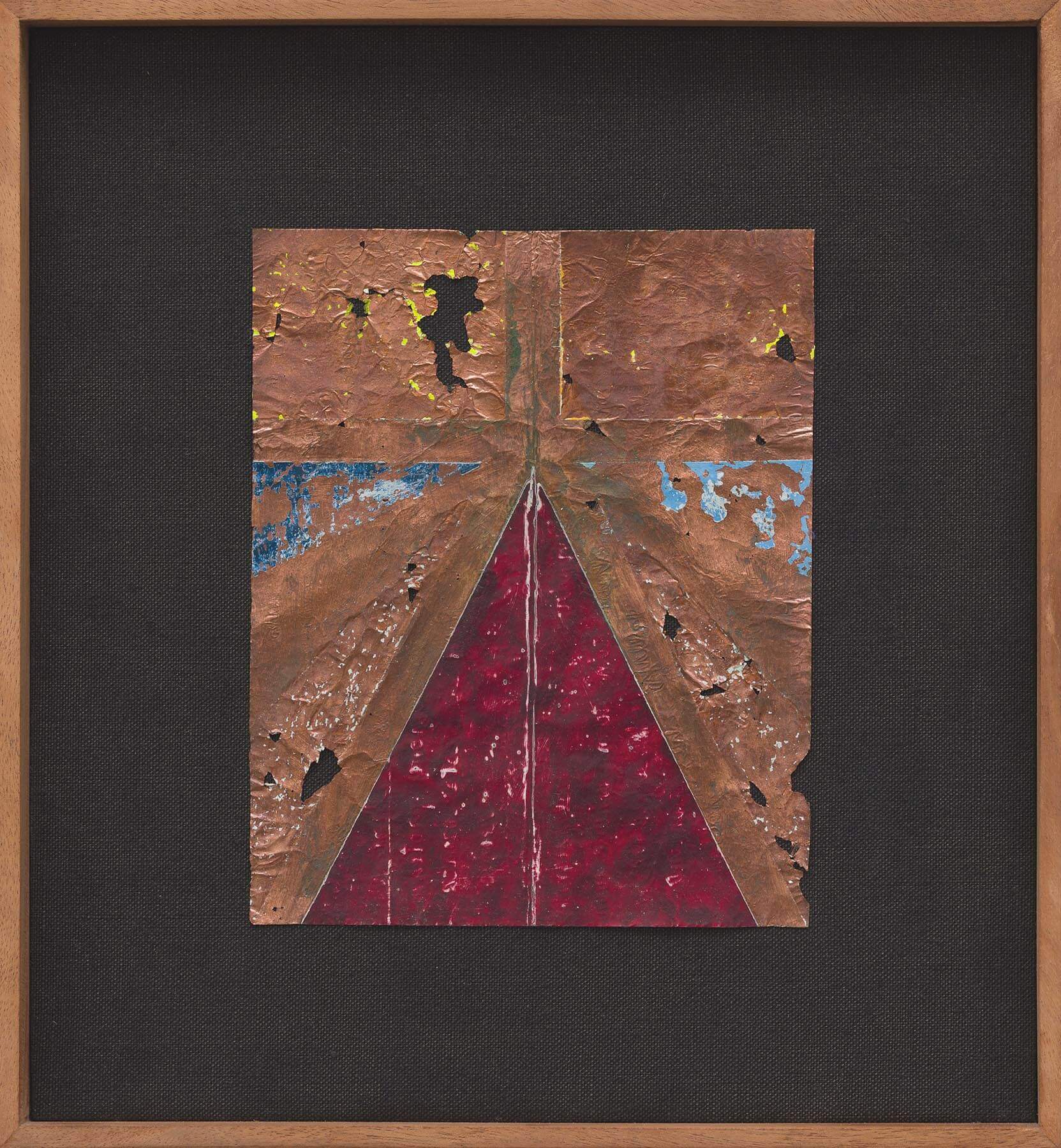 pplane (sound words, ema aba saba sababa bodh gaya gethsemane sipapu place-names salt of the earth mouth-made glass muse lambent balsam hair the color of sun on polished bronze yon yacob yardena föhn panemone protean pear hand held breasts breath breathe breeze wind windsail windrose windtree sail soot epistemology tom tam whirl whirlwind breath breathe bella bellyflesh equinox vulva), Copper foil, paint, linen, time in artist's frame, 2020-2024