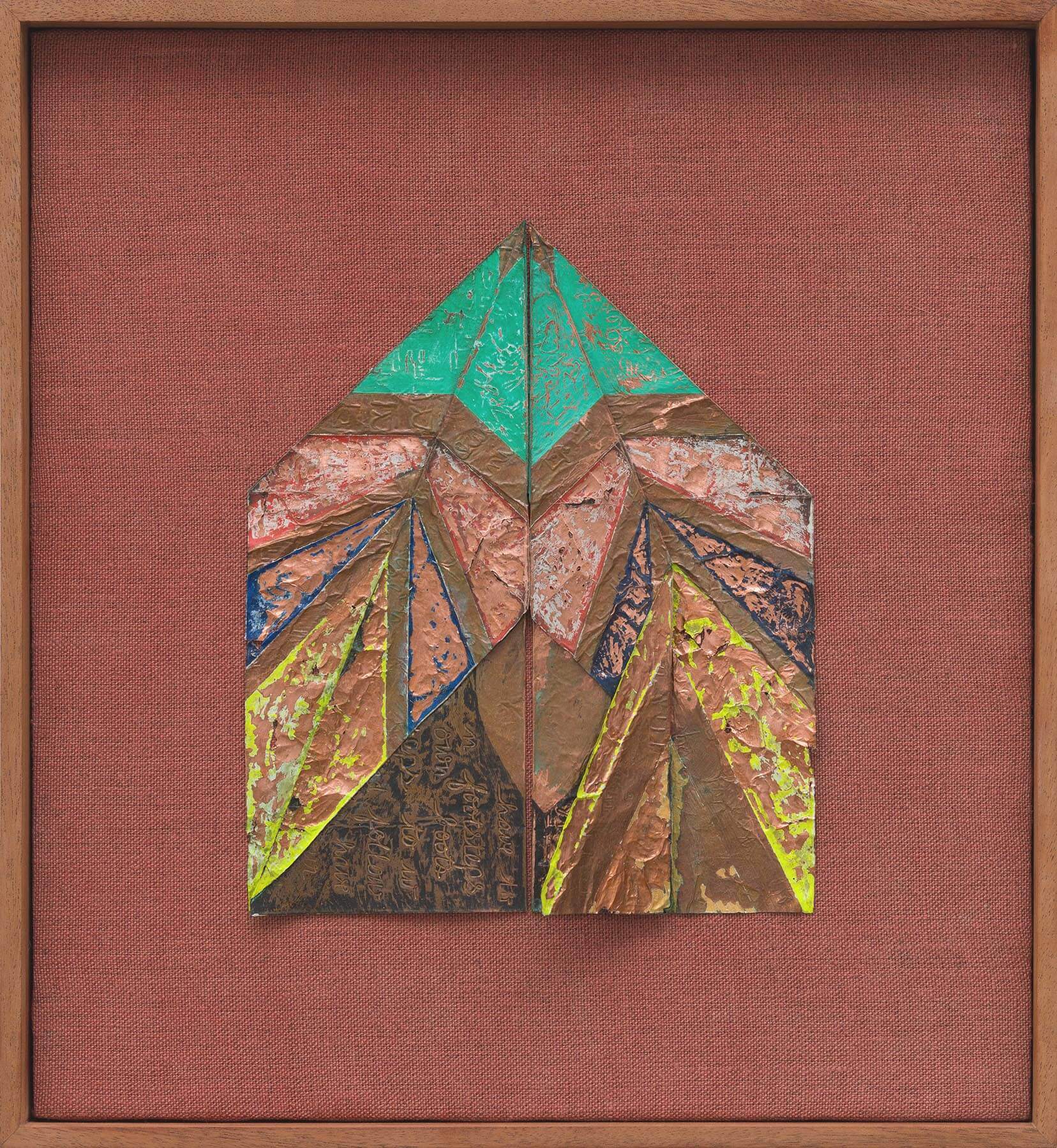 pplane (footsteps), Copper foil, paint, linen, time in artist's frame, 11 ⅜ x 12 ⅜ x 1 ½", 2020-2024
